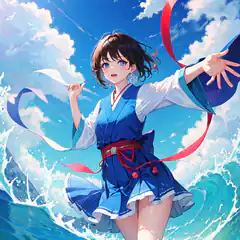 Anime girl in blue kimono on ocean wave
