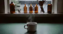 steaming mug on counter