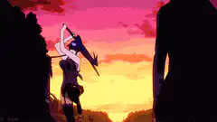Akame swings sword at sunset