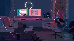 Girl gaming in cozy room with cat and dog