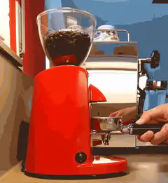 red coffee grinder and espresso machine