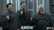 Three men in robes shouting AMEN