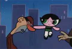 Powerpuff Girls flying over city