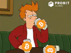 Fry drinking coffee with Bitcoin cups