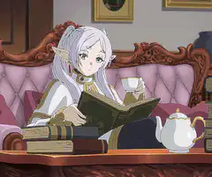 Frieren drinking tea while reading