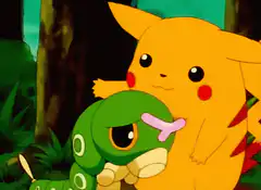 Pikachu hugging Caterpie