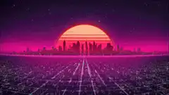 Synthwave sunset grid landscape