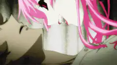 anime girl with pink hair biting lips