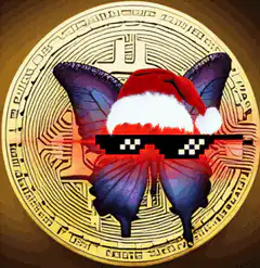 Bitcoin Butterfly with Santa Hat and Pixel Shades