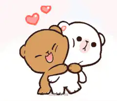 Brown and white bear hugging with hearts