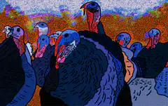 Colorful pixel art turkeys