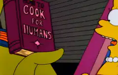 Marge eats the book How to Cook for Humans