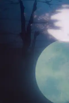 Silhouette falling past a large moon