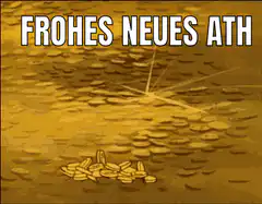 Donald Duck in gold coins with text