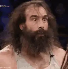 Man with long beard and hair wide-eyed