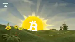 Bitcoin sun rising over landscape