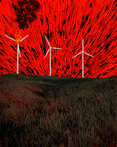 wind turbines exploding in red sky