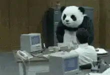 Panda mascot throws computer monitor