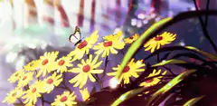 Butterfly flying away from yellow flowers