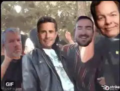 Men with celebrity head cutouts