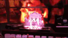 anime girl dj dancing at burning desk