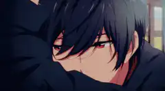 Anime boy with red eyes resting head