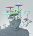 Colorful mushrooms growing from a head