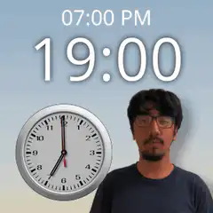 Man with digital and analog clocks showing 7 PM