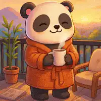 Panda in robe drinking tea