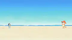 Bluey and Bingo on the beach