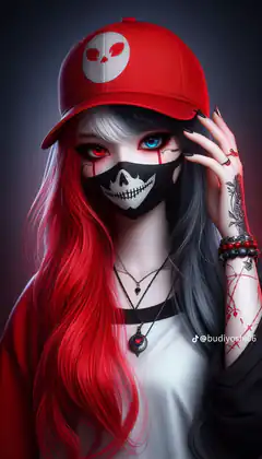 anime girl with red and black hair skull mask