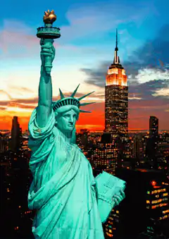 Statue of Liberty and Empire State Building sunset