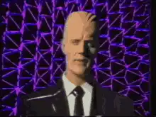 Bald man in suit against purple geometric background