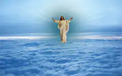 Jesus floating above clouds with halo