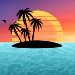 tropical island sunset with flying birds