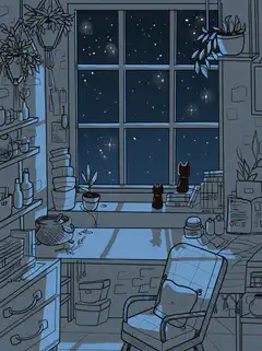 cozy room with starry night window