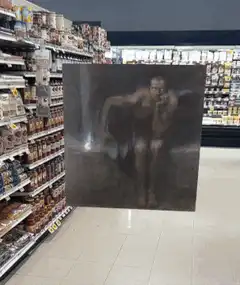 Glowing eyes painting in supermarket