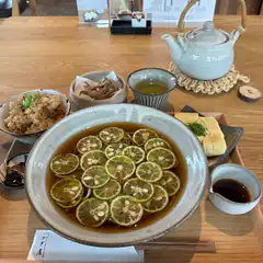 Japanese meal with lemon tea and rice bowl