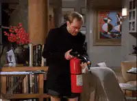 Monica sprays fire extinguisher at Chandler
