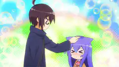 anime boy pats girl head
