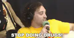 Man in yellow shirt says stop doing drugs