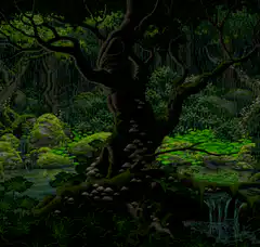 Dark forest with mossy tree and waterfall