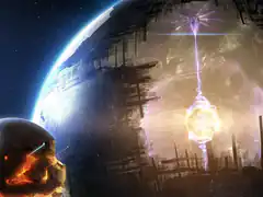 Giant skull with laser beam on planet