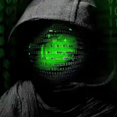 Hooded figure glitching into binary