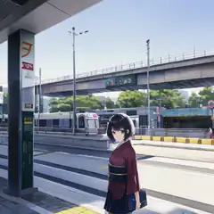 anime girl in kimono at train station
