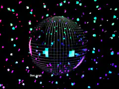 Wireframe disco ball with pixel confetti