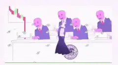 Woman dancing in front of money printing men