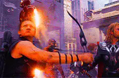 Hawkeye shoots arrow at Thor
