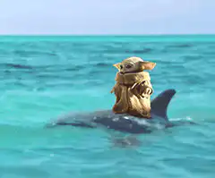 Baby Yoda riding a dolphin