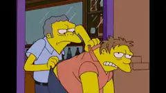 Moe shoves Barney out of the bar